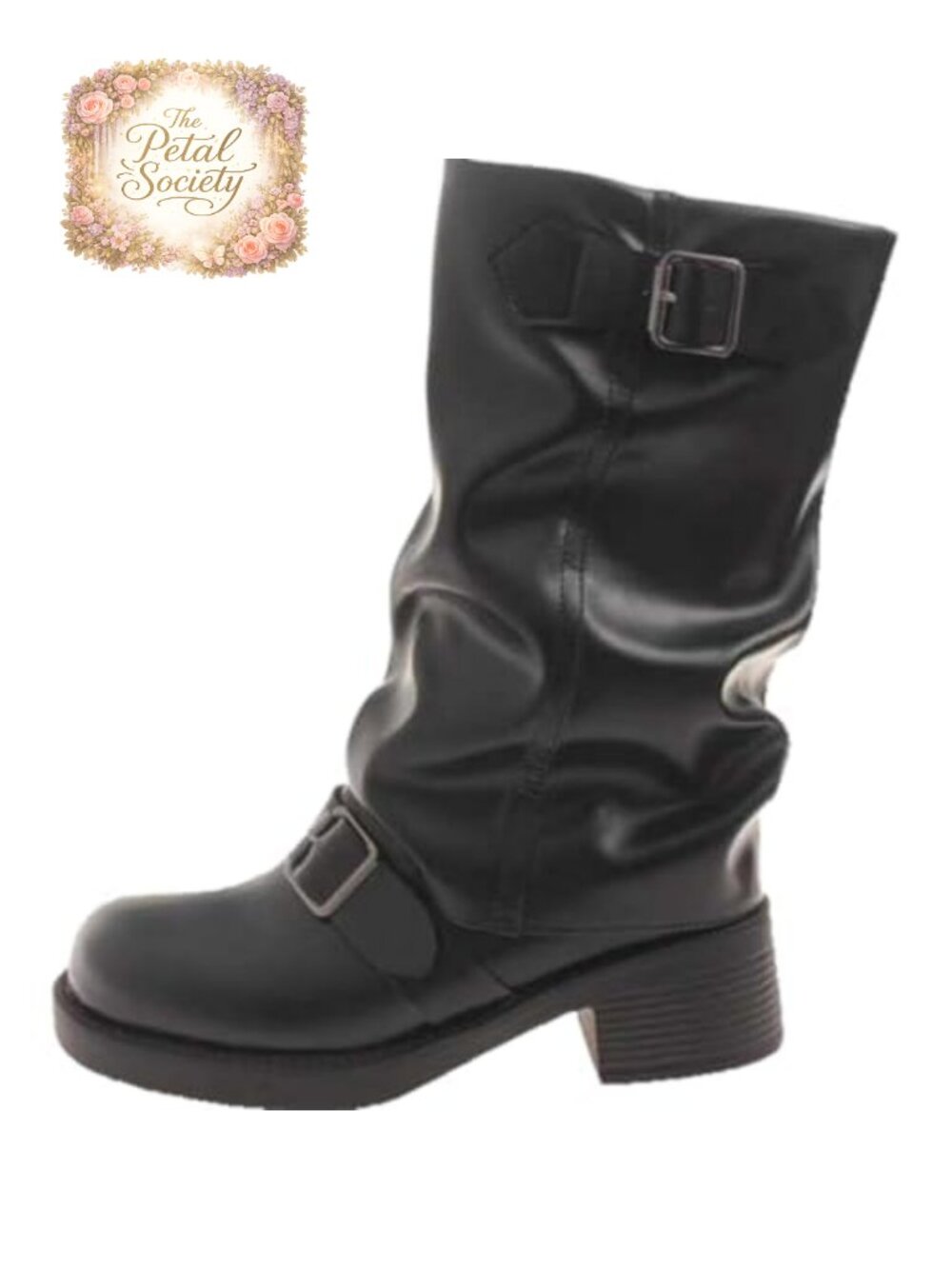 Womens French Vintage Western High Heeled Stacked Pleated Mid Calf Boots